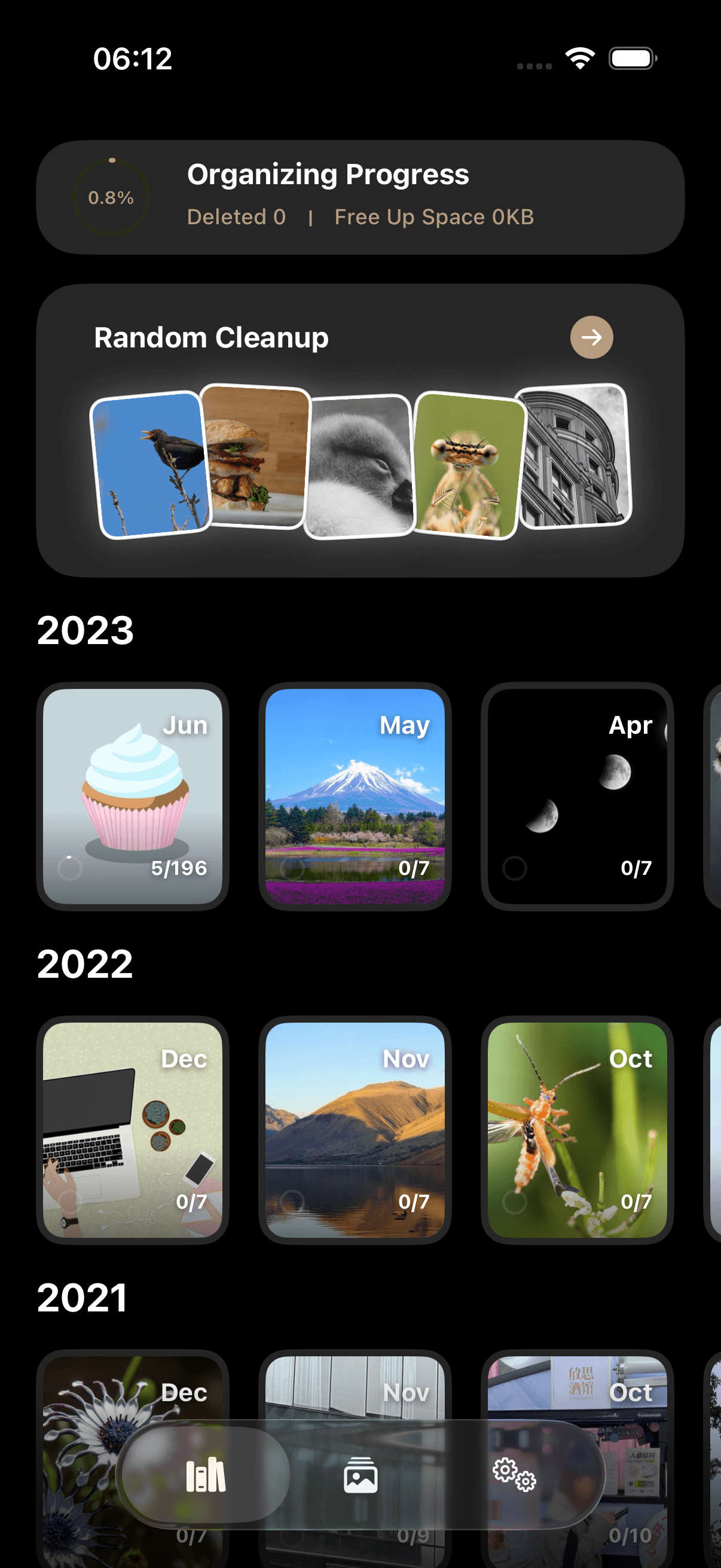 Camera roll timeline by year and month with cleanup progress